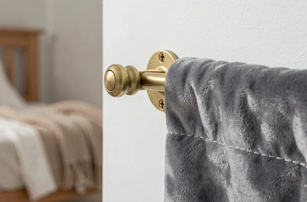 Gros plan sur un support de tringle doré en laiton avec rideau en velours gris dans une chambre
