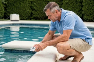 Homme testant la qualité de l'eau d'une piscine au sel avec un kit de mesure numérique