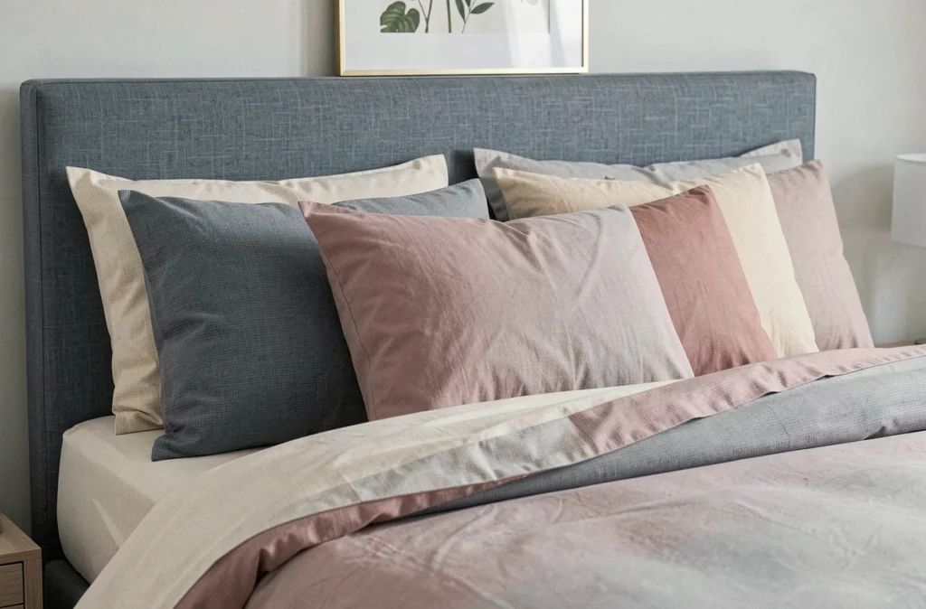 Tête de lit capitonnée bleu acier avec coussins superposés en bleu ardoise et rose poudré pour une chambre adulte élégante