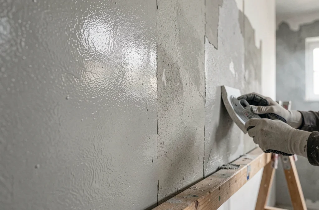 Détail de texture d'un enduit MAP frais et sec sur un mur intérieur en cours de finition