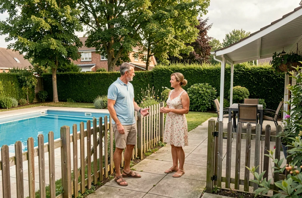 Deux voisins discutant calmement à la clôture entre leurs jardins pour gérer les nuisances sonores liées à une piscine privée