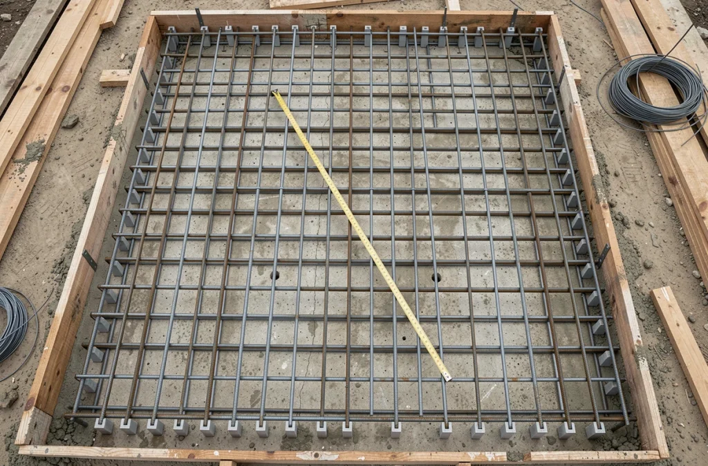 Vue de dessus d'un ferraillage de dallage béton armé avec espacement régulier des armatures et cales de positionnement