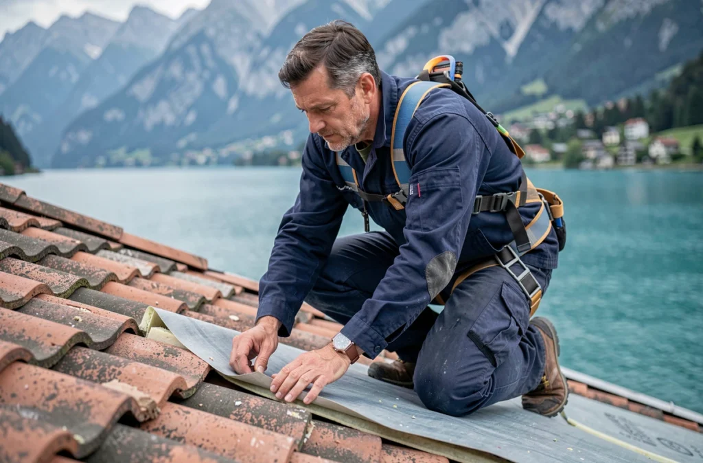 Spécialiste toiture et isolation en train de poser une membrane isolante sur un toit à Annecy avec le lac en arrière-plan pour Alticouv