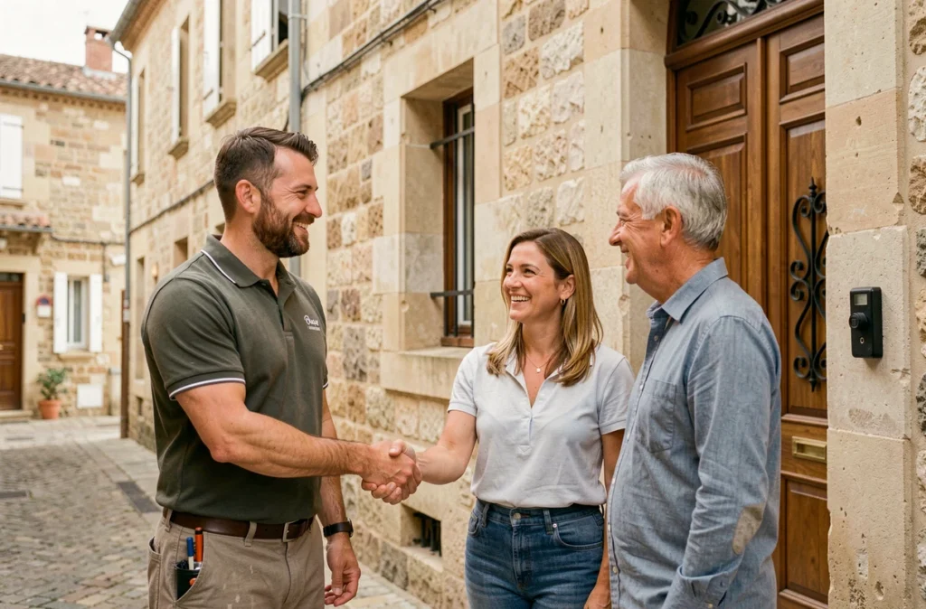 Artisan serrant la main à des propriétaires devant une maison de ville en pierre à Montpellier après sélection de devis