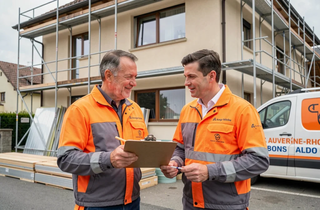 Deux professionnels du réseau Batispot Auvergne-Rhône-Alpes consultant des plans devant un chantier de rénovation multi-expertises