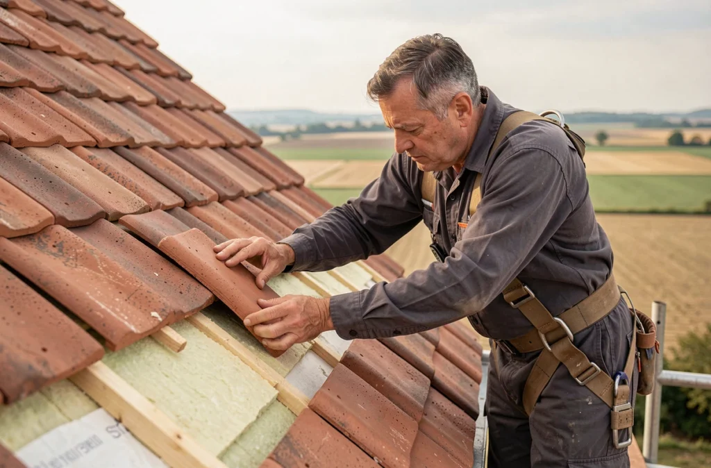 Couvreur posant des tuiles sur une toiture isolée d'une ferme bressane près de Bourg-en-Bresse pour Bresse Toitures