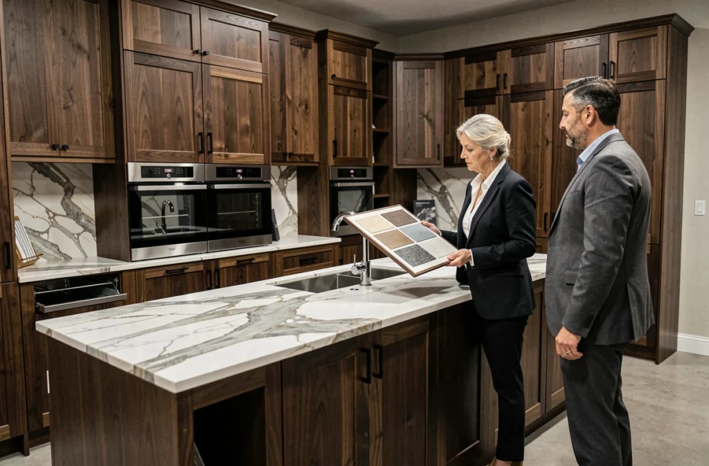 Cuisine Arthur Bonnet en noyer foncé avec plan de travail en marbre veiné et consultation en showroom