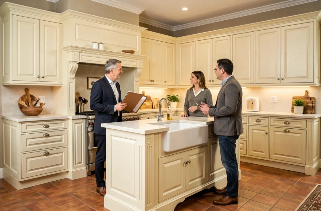 Cuisine AvivA style provençal en crème avec moulures et évier tablier dans un showroom