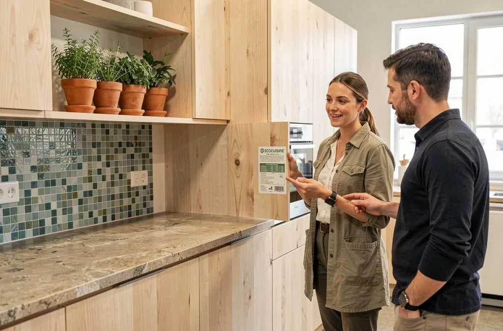 Cuisine Ecocuisine en bouleau recyclé avec crédence en mosaïque de verre et herbes aromatiques