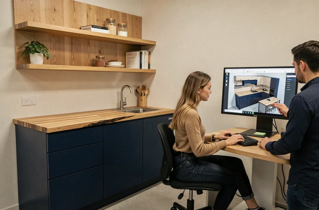 Cuisine Ixina bleu marine avec étagères en chêne et consultation 3D en showroom
