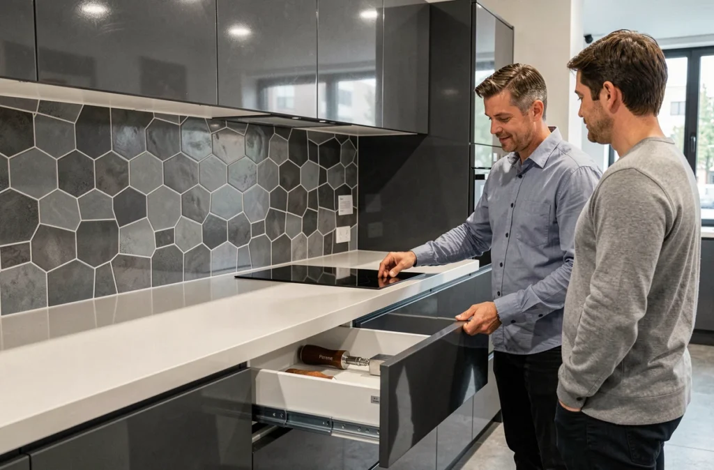 Cuisine Perene anthracite brillante avec plan de travail Corian blanc et crédence hexagonale