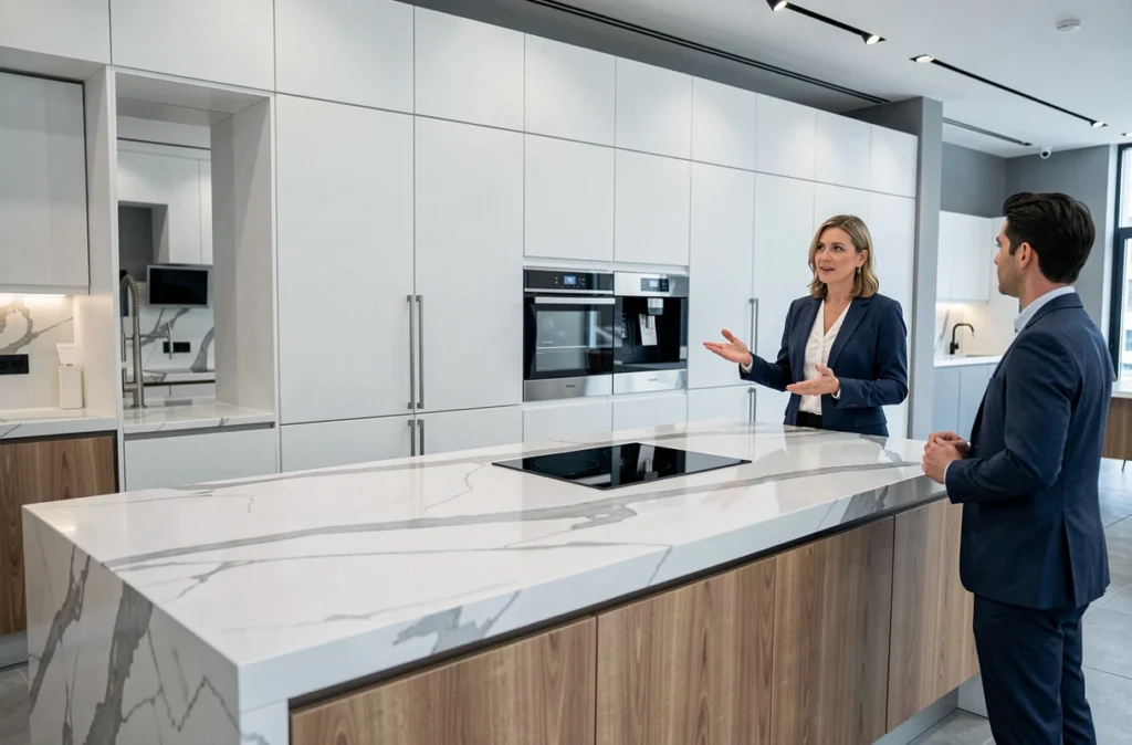 Cuisine Schmidt aux facades laquées blanches avec îlot en marbre dans un showroom moderne