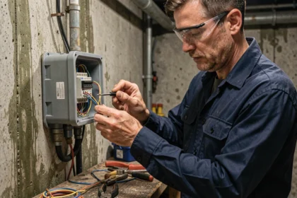 Électricien connectant des câbles dans un raccord étanche de dérivation sur un mur en béton humide