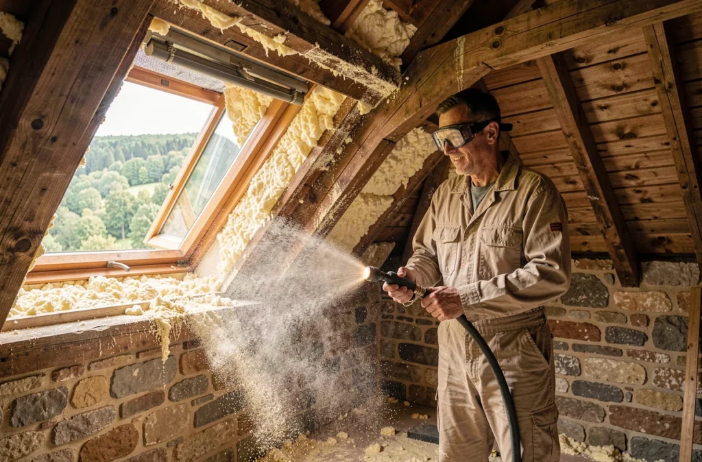 Ouvrier en isolation soufflée dans les combles d'une maison ancienne dans le Rhône ouest pour Entreprise Isolation Tarare