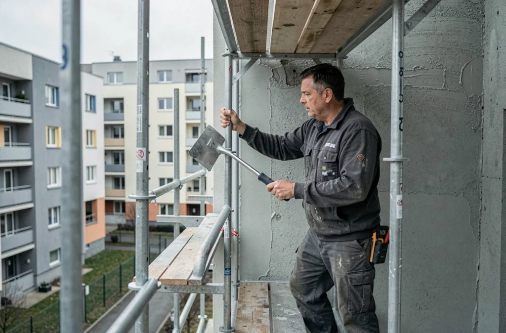 Technicien en isolation thermique par l'extérieur appliquant un enduit de façade sur un immeuble à Vaulx-en-Velin pour Façad'Esthétique