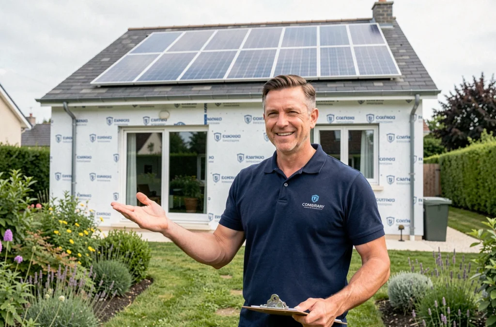 Chef de projet en rénovation énergétique globale devant une maison entièrement rénovée à Gleizé pour Gleizé Rénovation