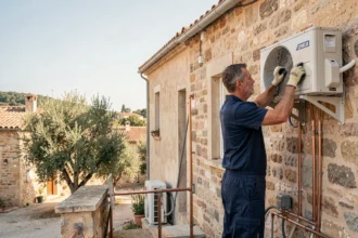 Technicien en climatisation installant un système de climatisation sur une façade en pierre provençale dans les Bouches-du-Rhône
