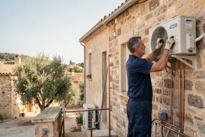 Technicien en climatisation installant un système de climatisation sur une façade en pierre provençale dans les Bouches-du-Rhône
