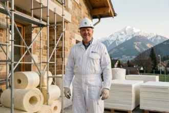Artisan spécialisé en isolation thermique devant un bâtiment rénové en Auvergne-Rhône-Alpes avec les Alpes en arrière-plan