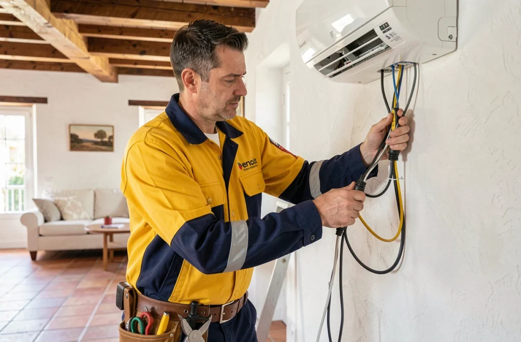 Électricien et installateur de climatisation KS Electricité connectant un climatiseur mural dans une maison provençale à Fontvieille