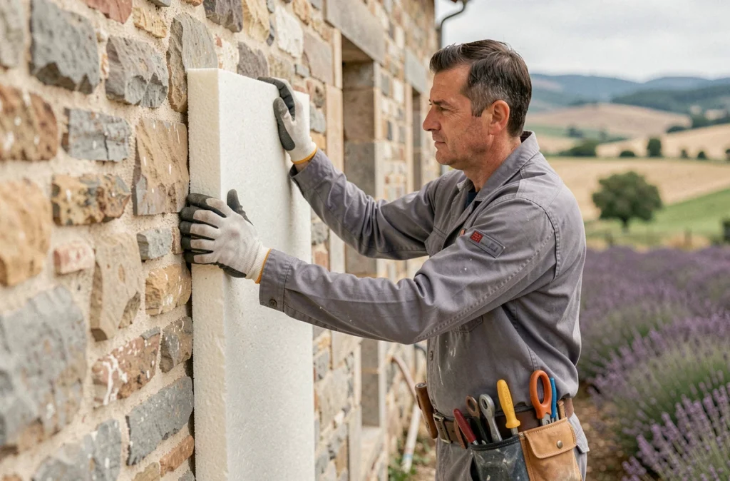 Technicien en isolation thermique appliquant des panneaux isolants sur une façade en pierre dans la Drôme pour Les Trois Becs BTP