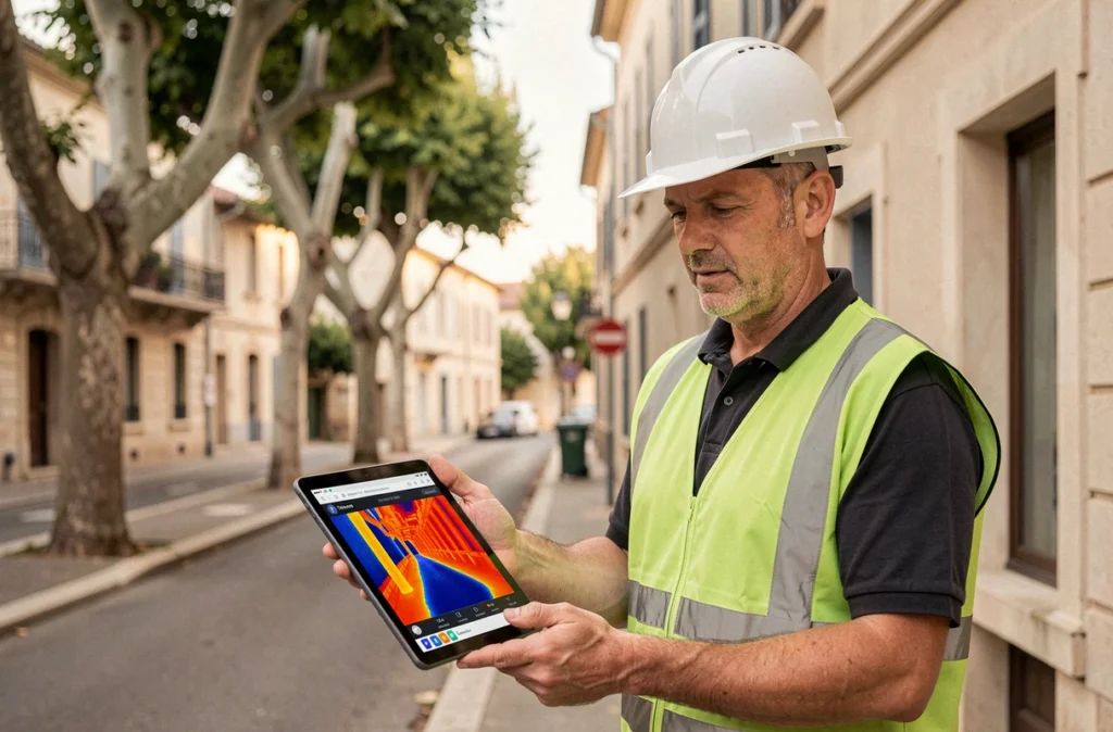 Technicien en rénovation énergétique tenant une tablette d'audit thermique devant une maison à Valence pour Oriven