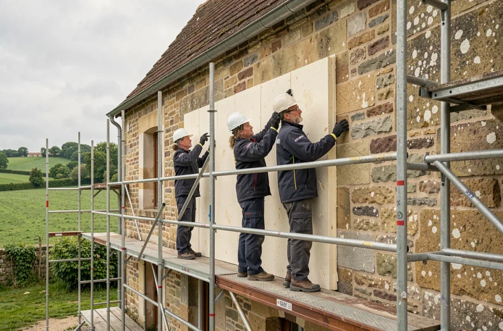 Deux ouvriers professionnels installant des panneaux isolants sur la façade d'une maison en pierre typique du Val de Loire