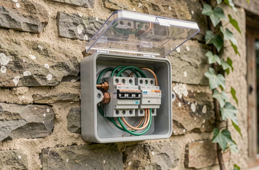 Raccord étanche de dérivation extérieur ouvert avec câbles organisés sur mur en pierre de maison rurale