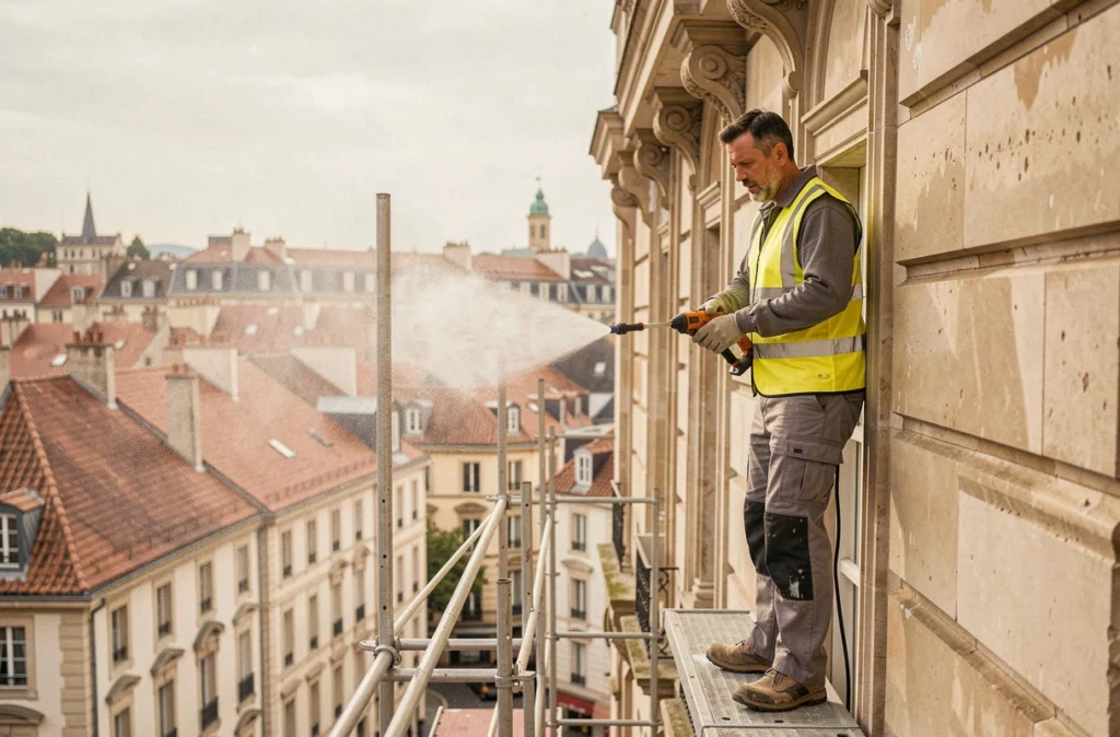 Ouvrier en rénovation de façade nettoyant un immeuble haussmannien à Lyon pour Rénov'Façades Lyon