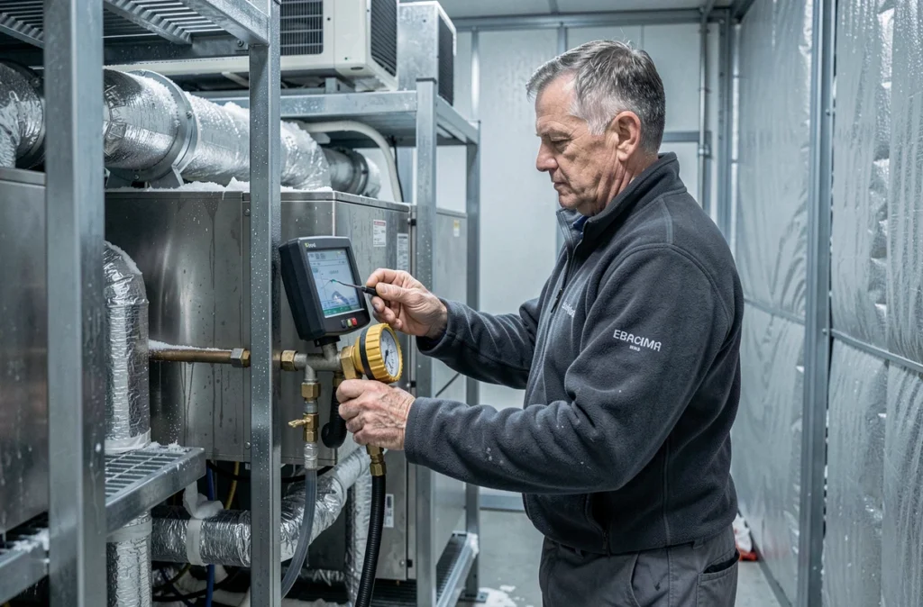 Technicien SN PR Réfrigération utilisant un manifold numérique pour entretenir une installation frigorifique commerciale dans une chambre froide industrielle