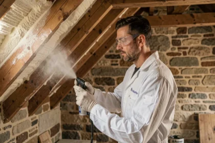 Technicien en isolation thermique appliquant de la mousse isolante dans un grenier de maison en Centre-Val de Loire