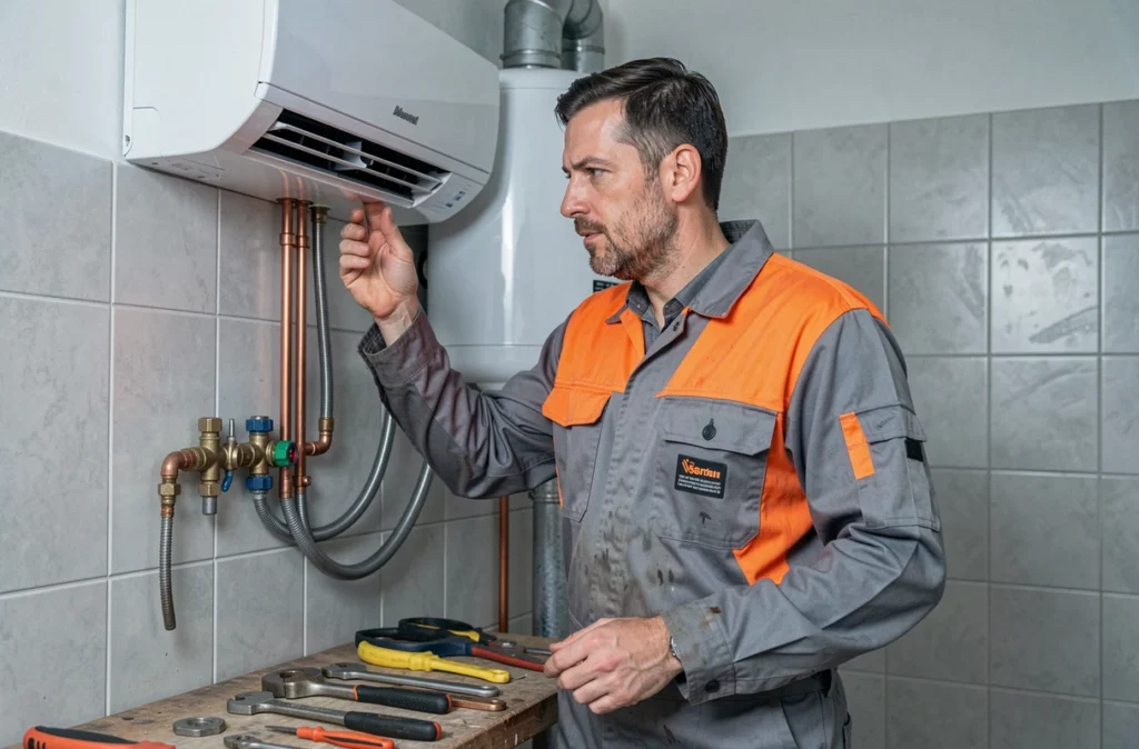 Chauffagiste et climaticien polyvalent YCPC Plomberie Chauffage inspectant une climatisation et une chaudière dans une salle technique résidentielle