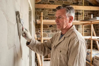 Artisan rénovateur appliquant de l'enduit sur un mur en pierre dans une maison en rénovation dans les Côtes-d'Armor