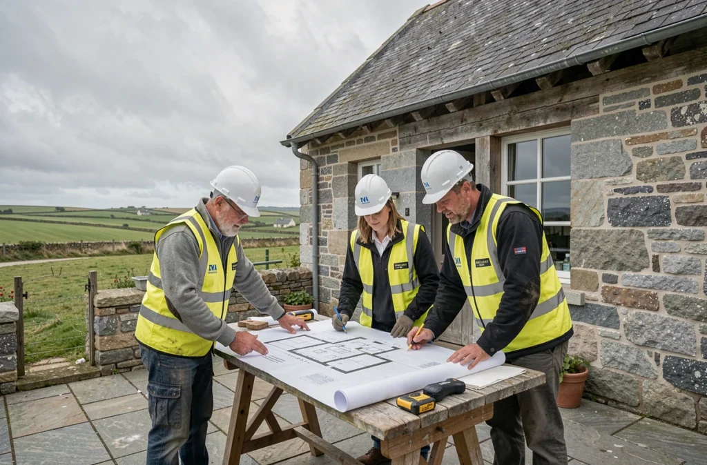 Équipe de professionnels de la rénovation consultant des plans devant une longère bretonne en travaux dans les Côtes-d'Armor